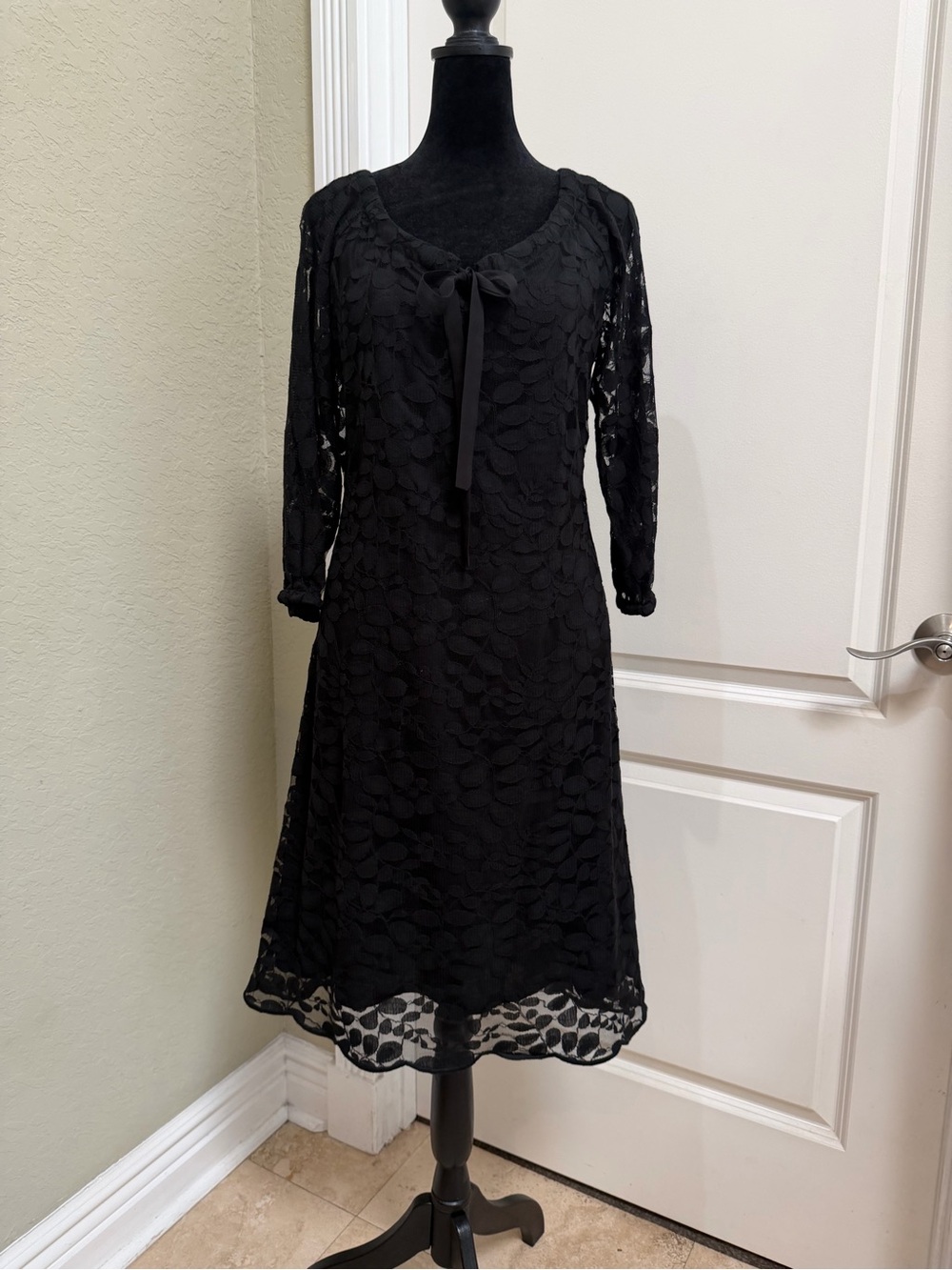 Garnett Hill Black Lace A-Line Dress with Tie Neck